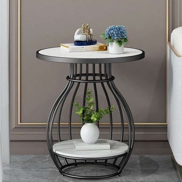 Modern Minimalist Round Oval Square Metal Rock Slab Side Table 2-Tier For Living Room - Image 10