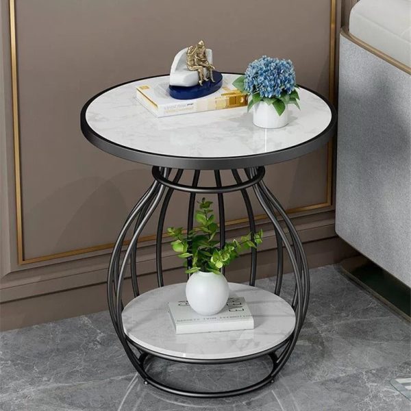 Modern Minimalist Round Oval Square Metal Rock Slab Side Table 2-Tier For Living Room - Image 9