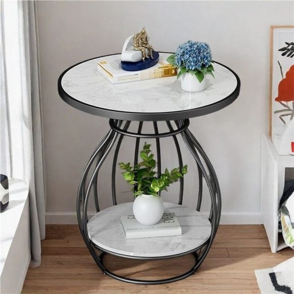 Modern Minimalist Round Oval Square Metal Rock Slab Side Table 2-Tier For Living Room - Image 2