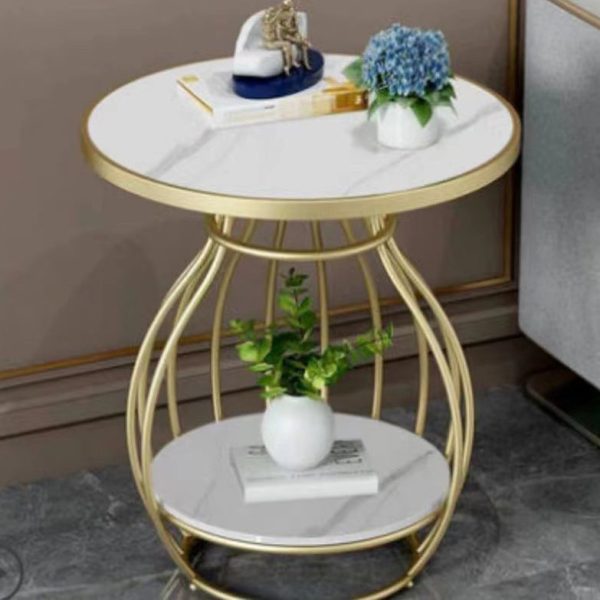 Modern Minimalist Round Oval Square Metal Rock Slab Side Table 2-Tier For Living Room - Image 8