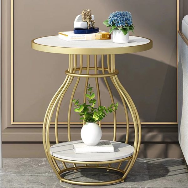 Modern Minimalist Round Oval Square Metal Rock Slab Side Table 2-Tier For Living Room - Image 15