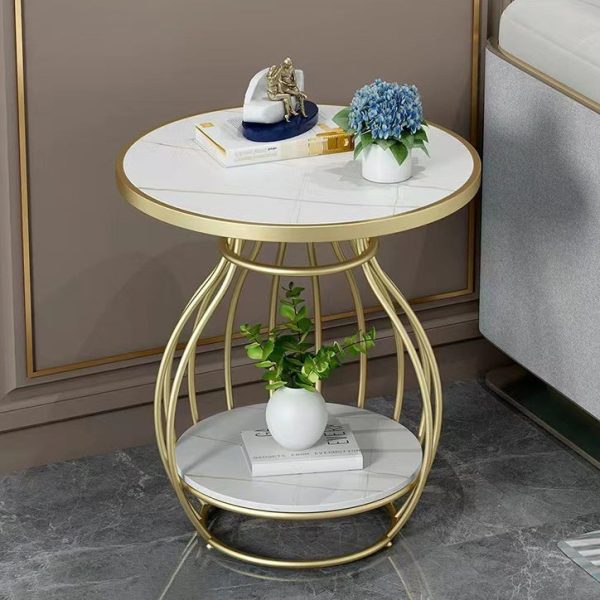 Modern Minimalist Round Oval Square Metal Rock Slab Side Table 2-Tier For Living Room - Image 17