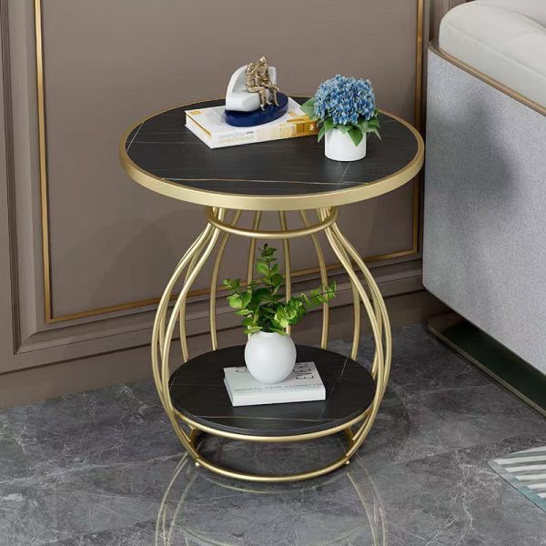 Modern Minimalist Round Oval Square Metal Rock Slab Side Table 2-Tier For Living Room - Image 12