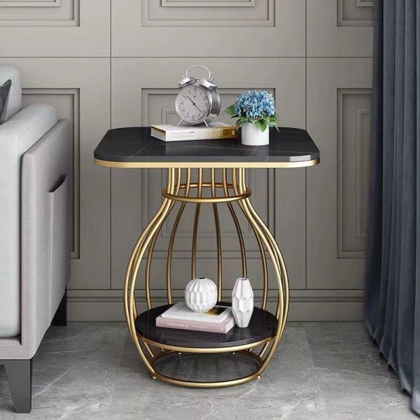 Modern Minimalist Round Oval Square Metal Rock Slab Side Table 2-Tier For Living Room - Image 13