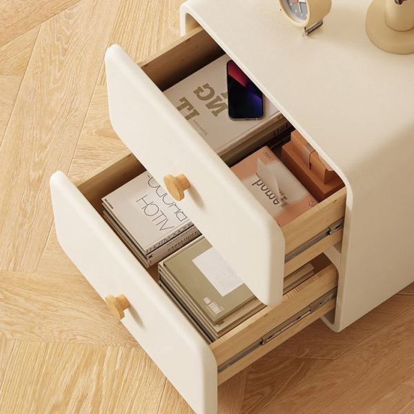 Modern Minimalist Cream Rectangle Square Leather Wood Nightstand 2-Drawer For Bedroom - Image 7