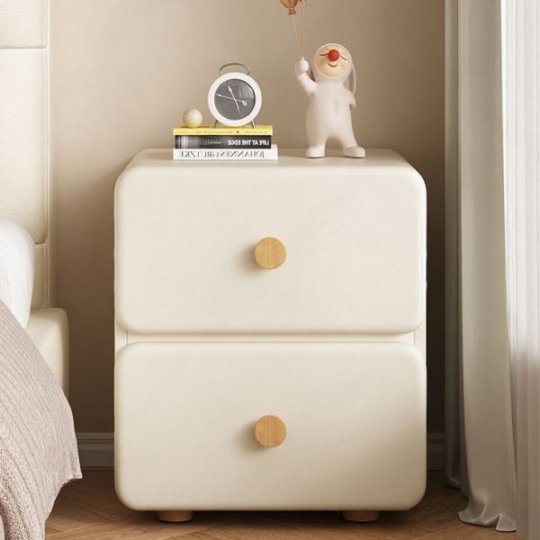 Modern Minimalist Cream Rectangle Square Leather Wood Nightstand 2-Drawer For Bedroom - Image 3