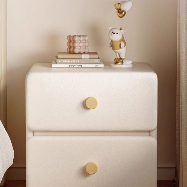 Modern Minimalist Cream Rectangle Square Leather Wood Nightstand 2-Drawer For Bedroom - Image 9