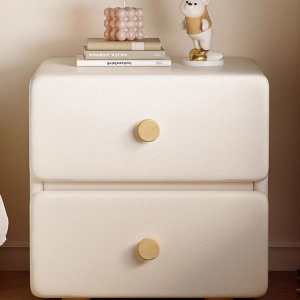 Modern Minimalist Cream Rectangle Square Leather Wood Nightstand 2-Drawer For Bedroom - Image 10