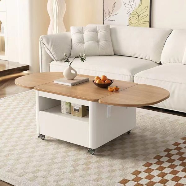 Contemporary Nordic Moveable Foldable Expandable Rectangular Square Wood Metal Coffee Table 1-Drawer For Living Room - Image 2