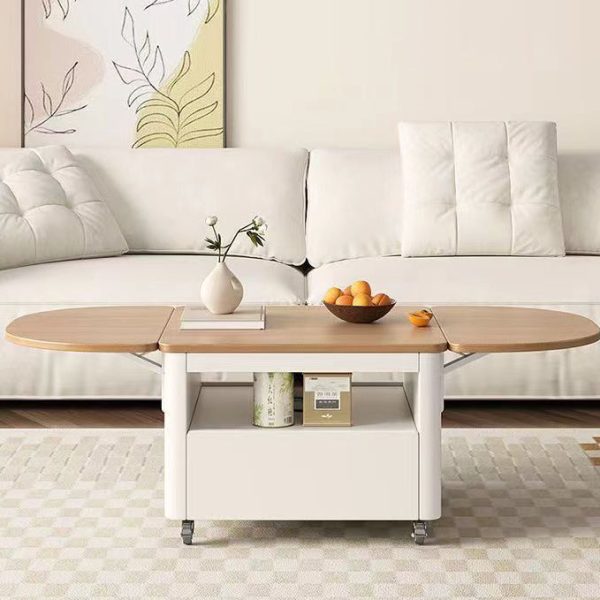 Contemporary Nordic Moveable Foldable Expandable Rectangular Square Wood Metal Coffee Table 1-Drawer For Living Room - Image 3