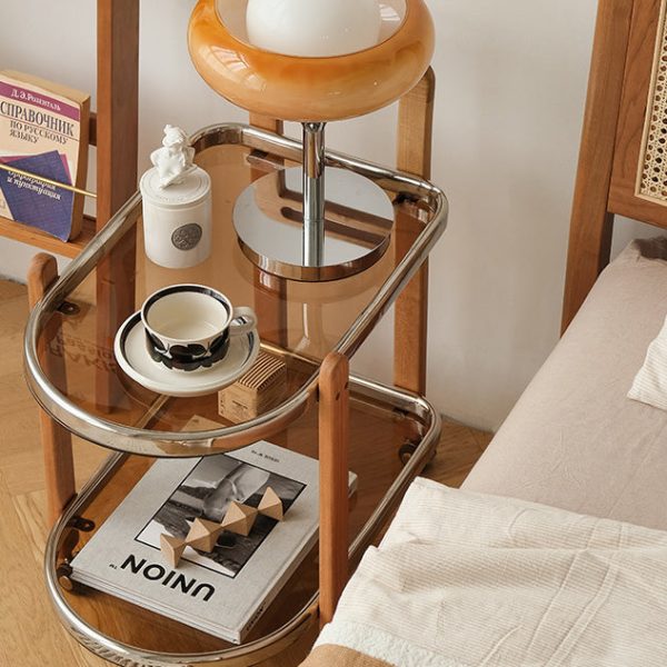 Modern Minimalist Removable Oval Cherry Wood Glass Side Table 2-Tier For Living Room - Image 13