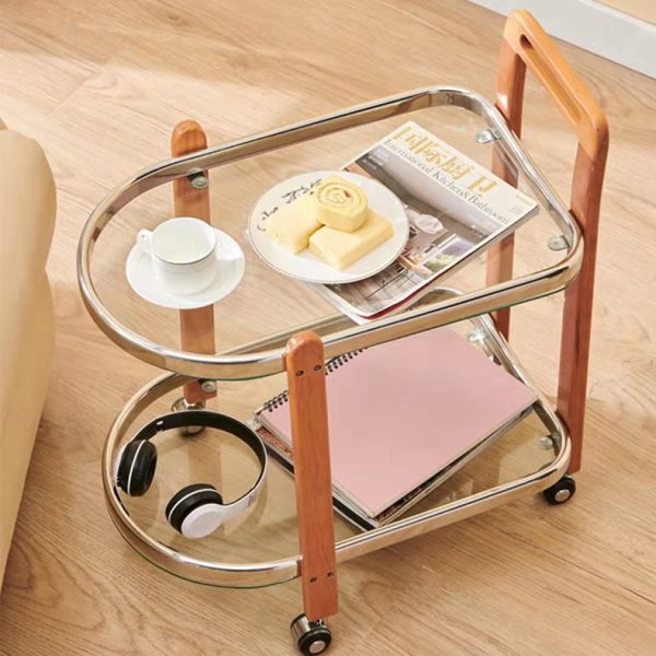 Modern Minimalist Removable Oval Cherry Wood Glass Side Table 2-Tier For Living Room - Image 3