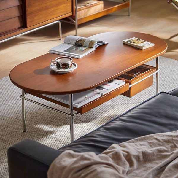 Traditional Vintage Oval Rectangular Wood Stainless Steel Coffee Table 2-Tier For Living Room