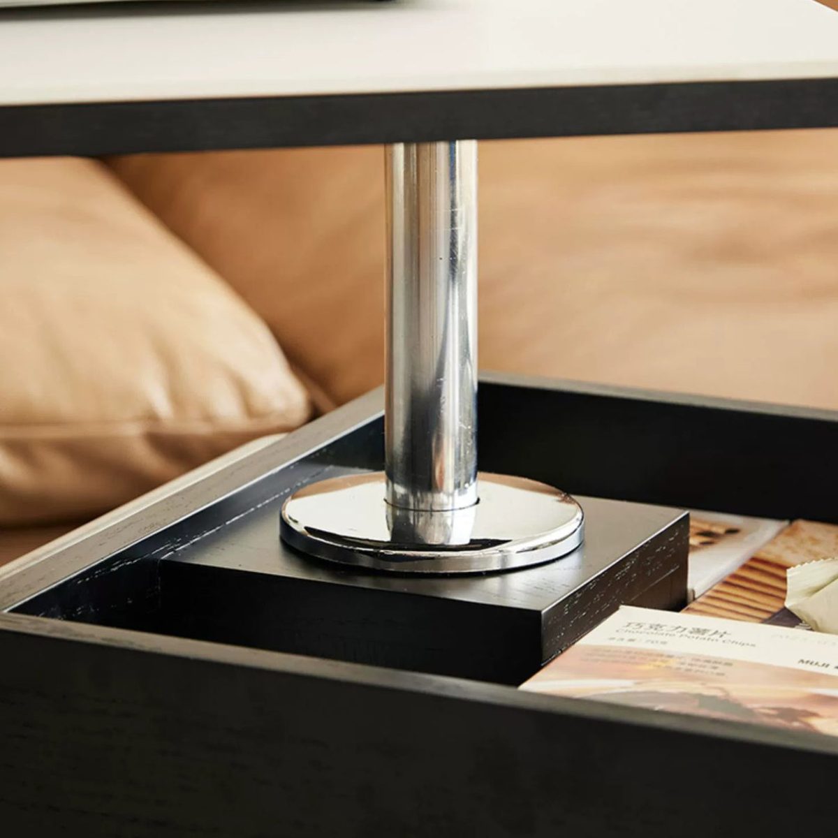 Contemporary Scandinavian Movable Liftable Swivel Rectangular Glass Oak Rock Slab Stainless Steel Side Table 3-Tier For Living Room - Image 8