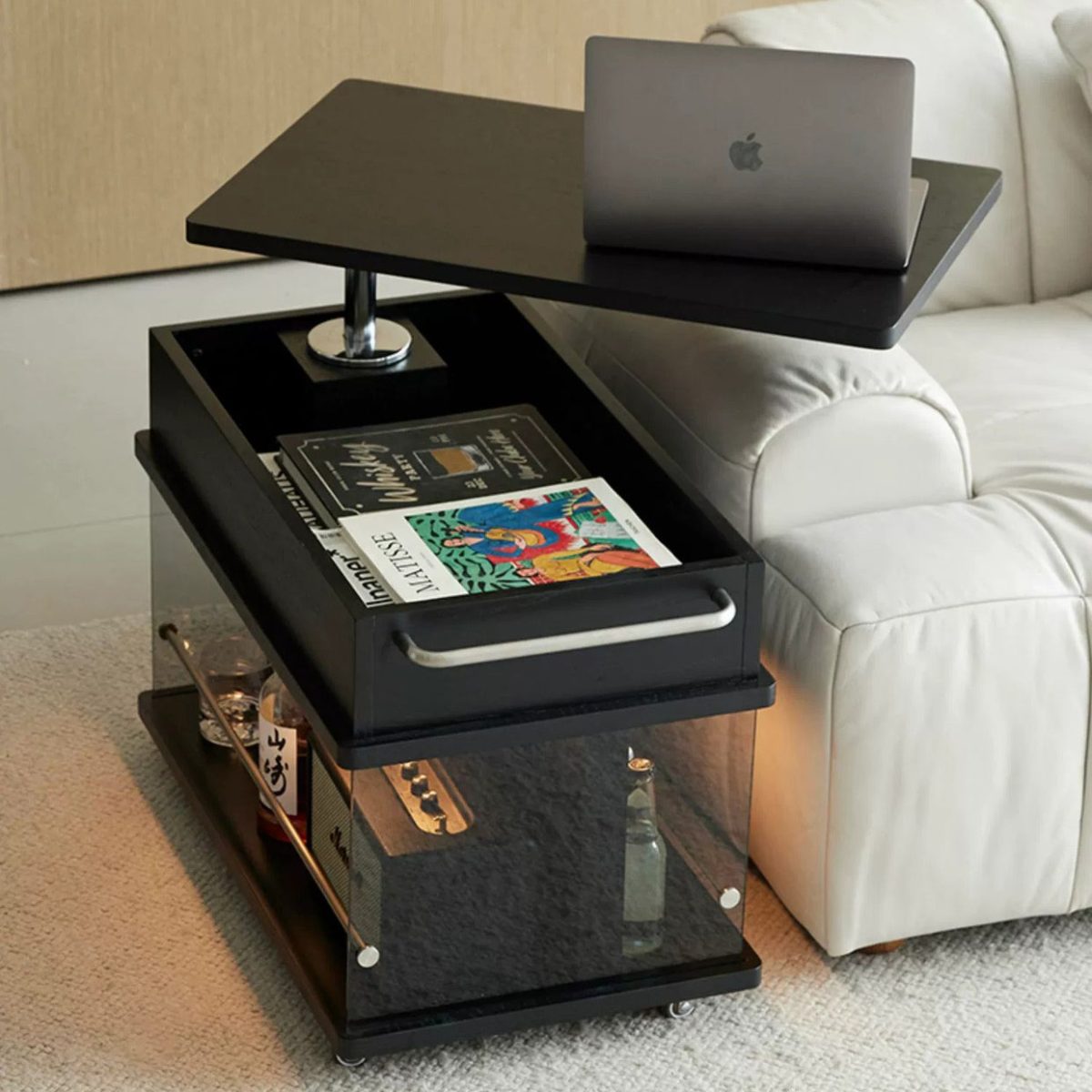 Contemporary Scandinavian Movable Liftable Swivel Rectangular Glass Oak Rock Slab Stainless Steel Side Table 3-Tier For Living Room - Image 20