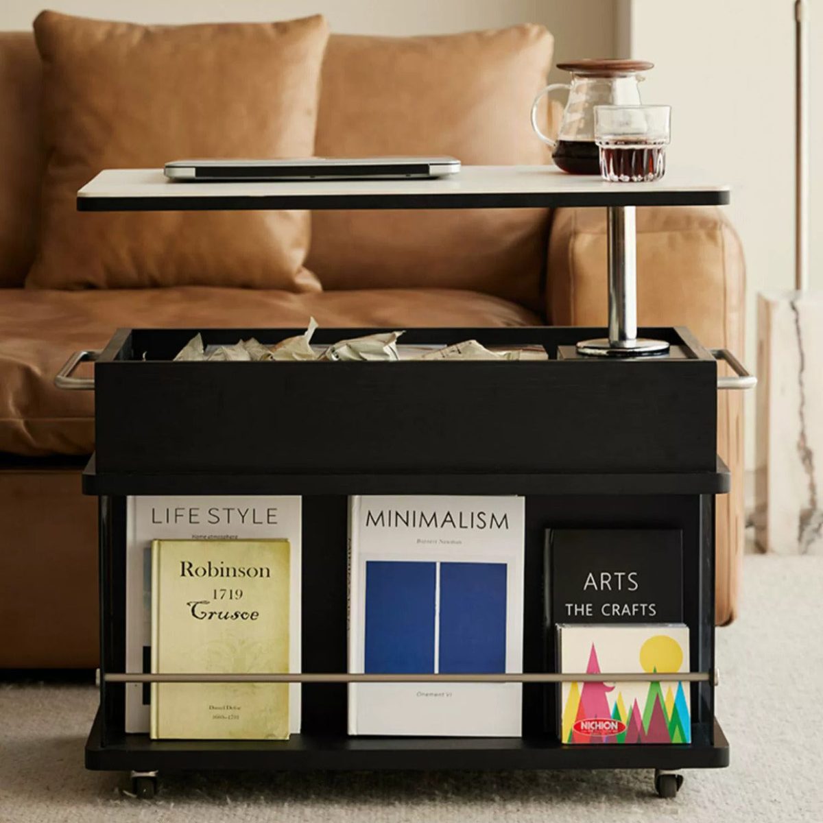 Contemporary Scandinavian Movable Liftable Swivel Rectangular Glass Oak Rock Slab Stainless Steel Side Table 3-Tier For Living Room - Image 3