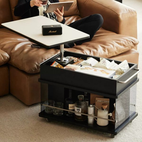 Contemporary Scandinavian Movable Liftable Swivel Rectangular Glass Oak Rock Slab Stainless Steel Side Table 3-Tier For Living Room - Image 22