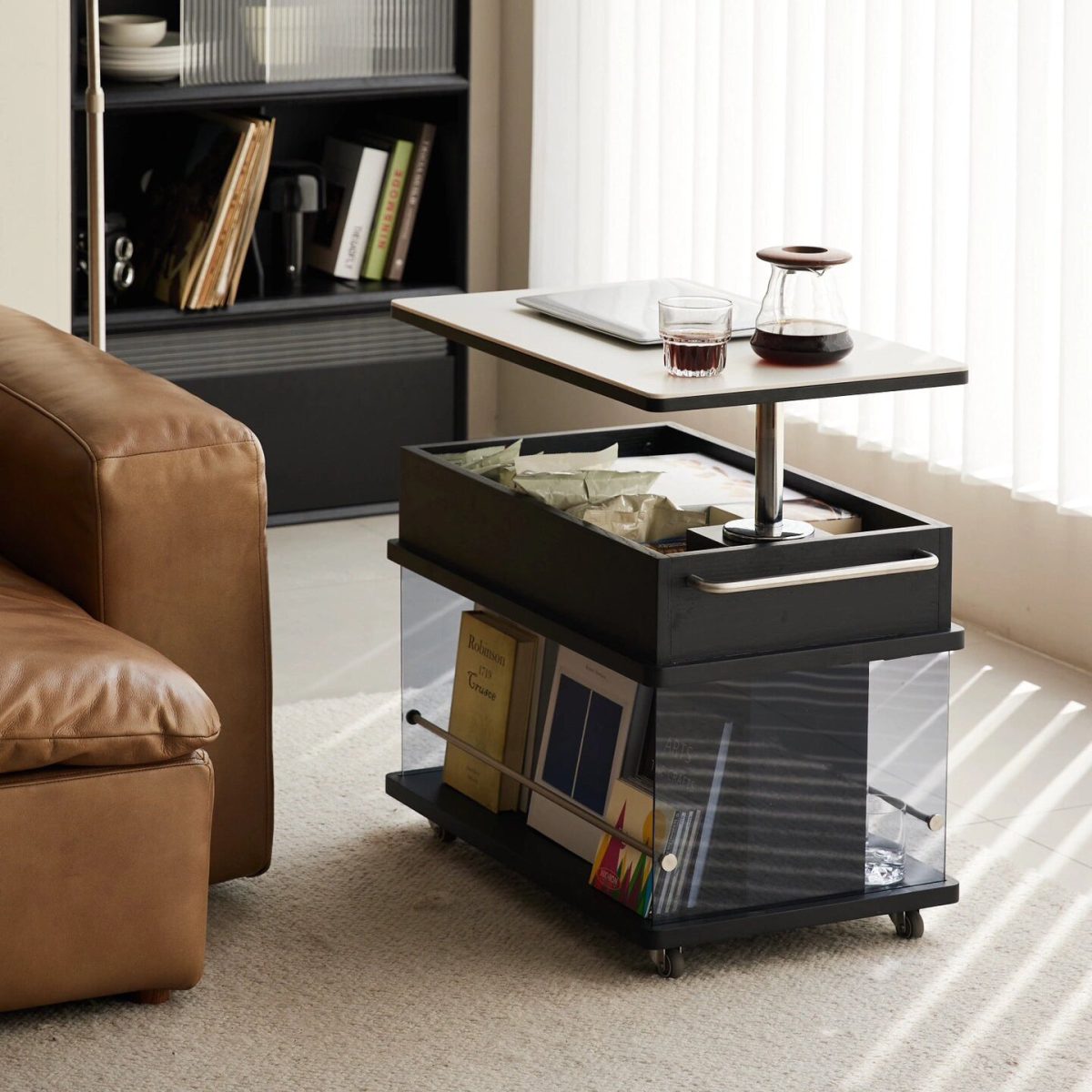 Contemporary Scandinavian Movable Liftable Swivel Rectangular Glass Oak Rock Slab Stainless Steel Side Table 3-Tier For Living Room - Image 24