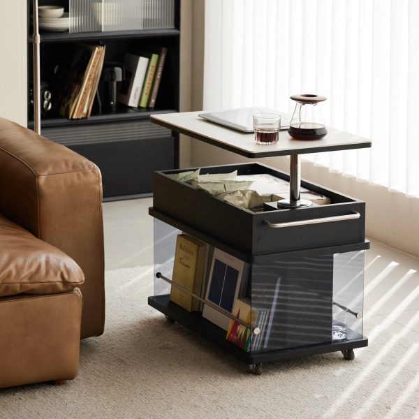 Contemporary Scandinavian Movable Liftable Swivel Rectangular Glass Oak Rock Slab Stainless Steel Side Table 3-Tier For Living Room - Image 24