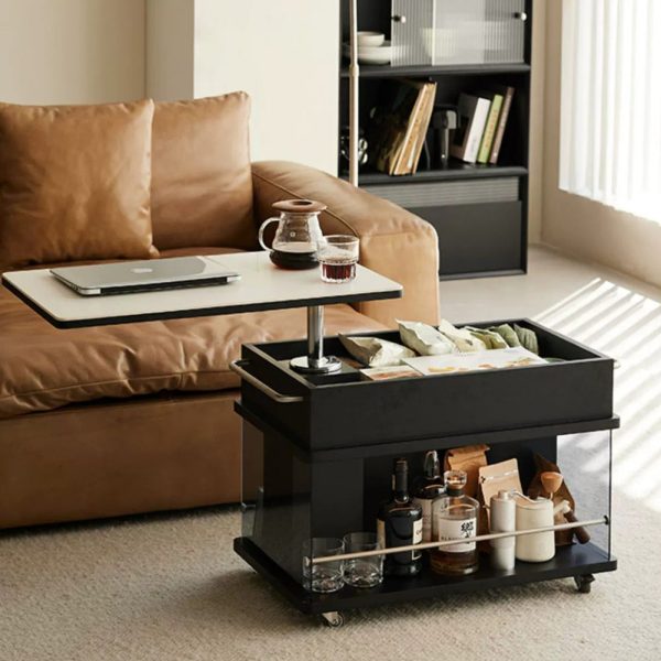 Contemporary Scandinavian Movable Liftable Swivel Rectangular Glass Oak Rock Slab Stainless Steel Side Table 3-Tier For Living Room - Image 11
