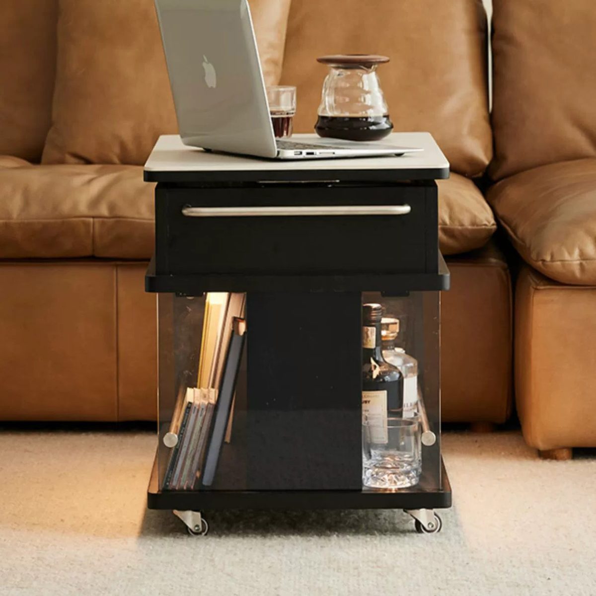 Contemporary Scandinavian Movable Liftable Swivel Rectangular Glass Oak Rock Slab Stainless Steel Side Table 3-Tier For Living Room - Image 2