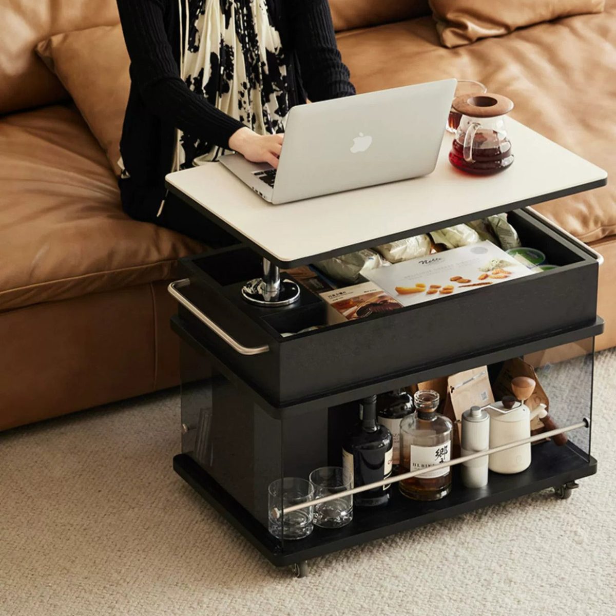 Contemporary Scandinavian Movable Liftable Swivel Rectangular Glass Oak Rock Slab Stainless Steel Side Table 3-Tier For Living Room - Image 10