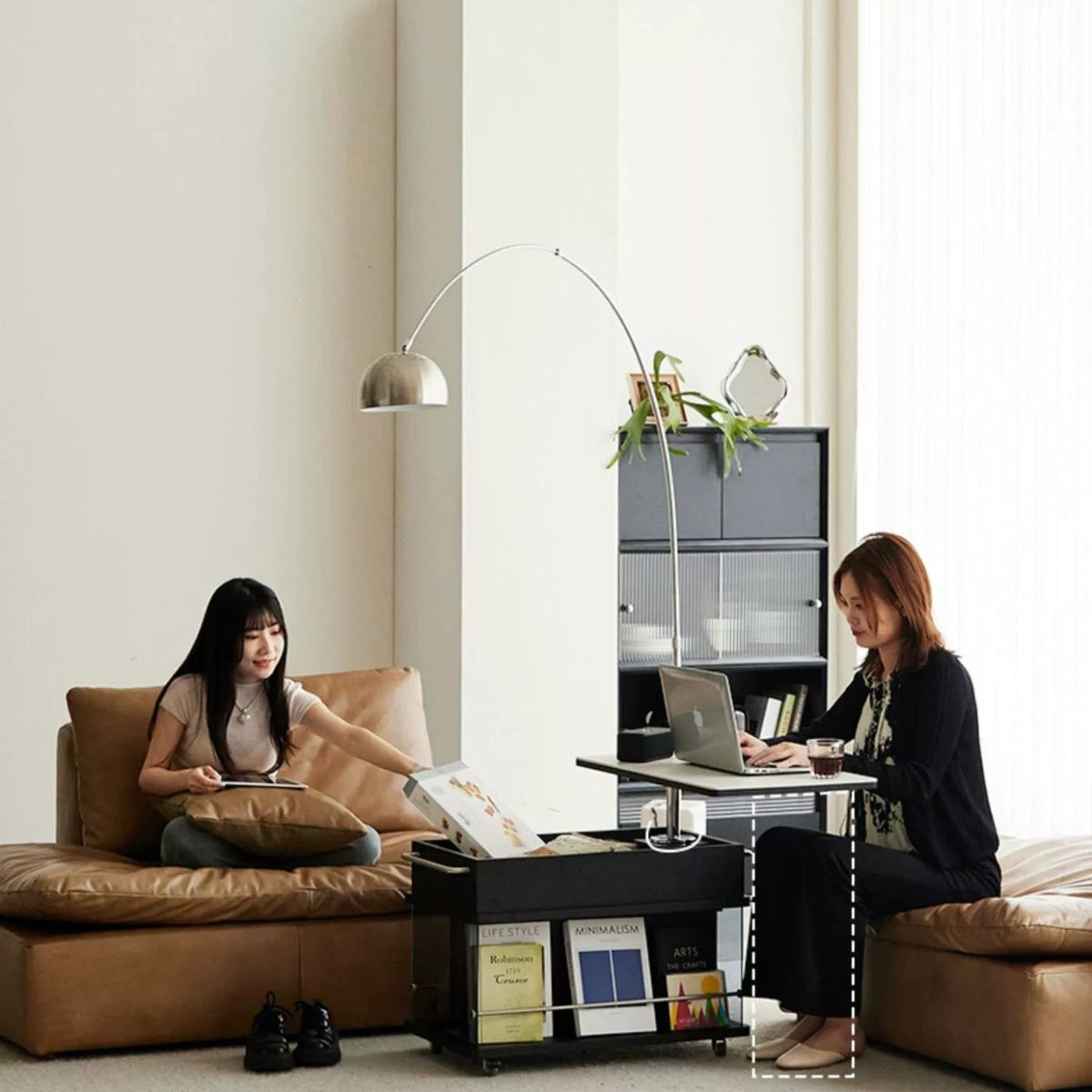 Contemporary Scandinavian Movable Liftable Swivel Rectangular Glass Oak Rock Slab Stainless Steel Side Table 3-Tier For Living Room - Image 12