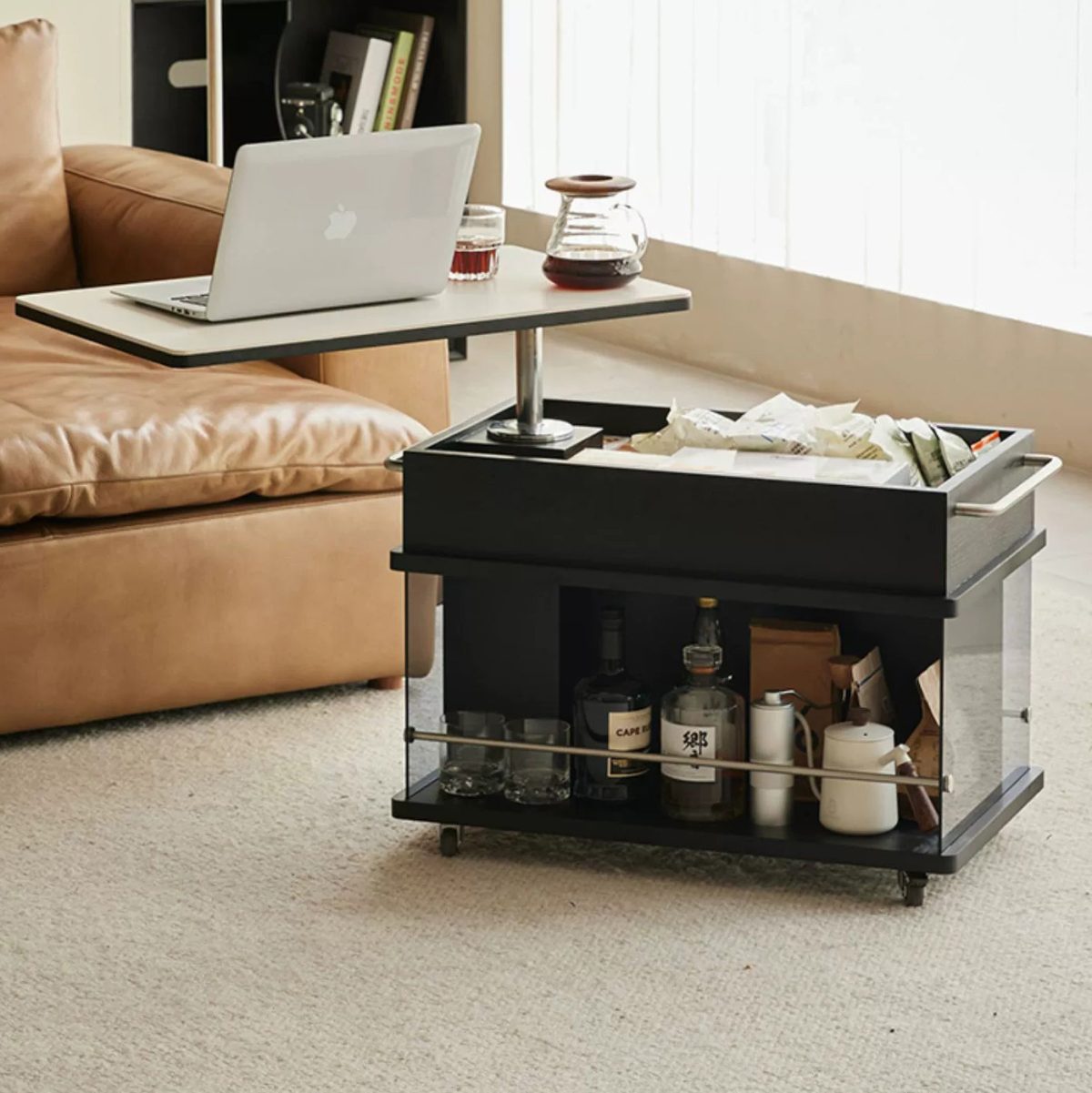 Contemporary Scandinavian Movable Liftable Swivel Rectangular Glass Oak Rock Slab Stainless Steel Side Table 3-Tier For Living Room - Image 13