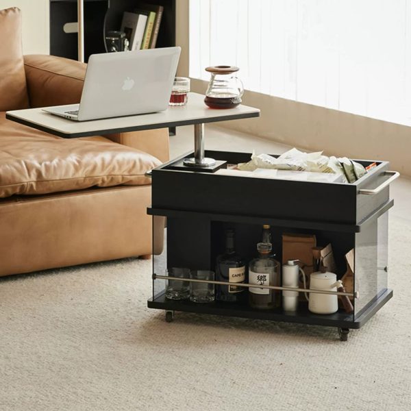 Contemporary Scandinavian Movable Liftable Swivel Rectangular Glass Oak Rock Slab Stainless Steel Side Table 3-Tier For Living Room - Image 13