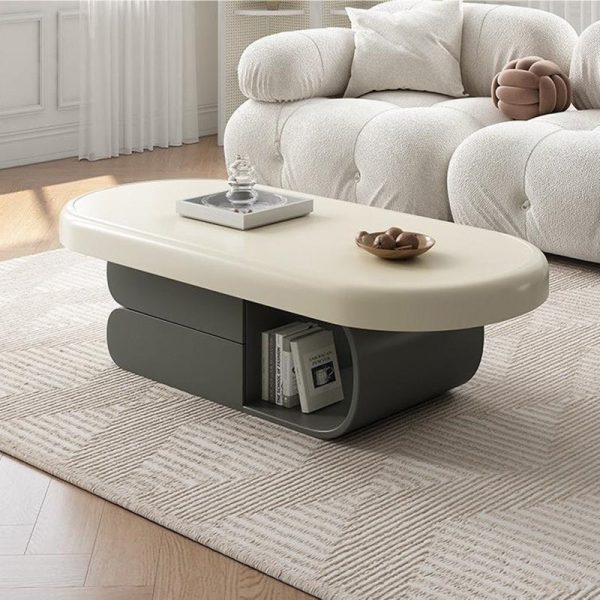Contemporary Scandinavian Oval Wood Rock Slab Coffee Table 2-Drawer For Living Room - Image 3