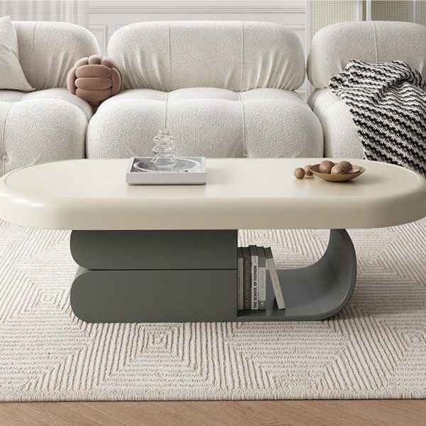 Contemporary Scandinavian Oval Wood Rock Slab Coffee Table 2-Drawer For Living Room - Image 14