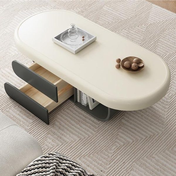 Contemporary Scandinavian Oval Wood Rock Slab Coffee Table 2-Drawer For Living Room - Image 13