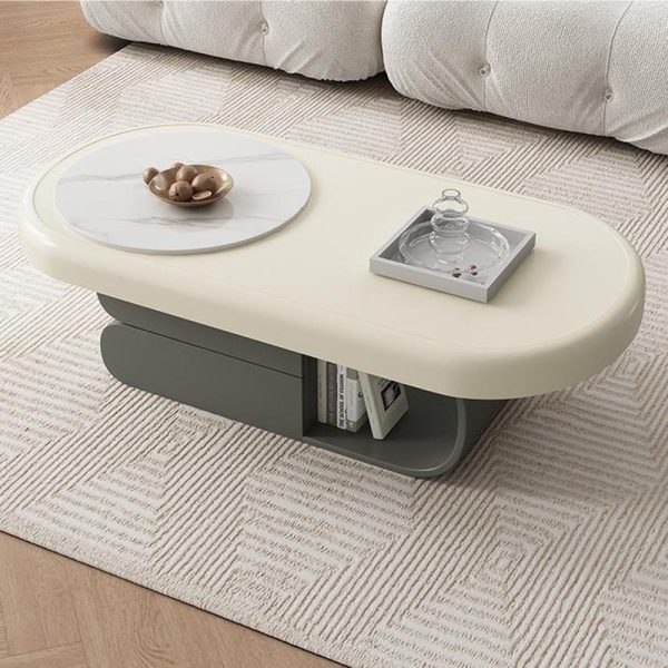 Contemporary Scandinavian Oval Wood Rock Slab Coffee Table 2-Drawer For Living Room - Image 2
