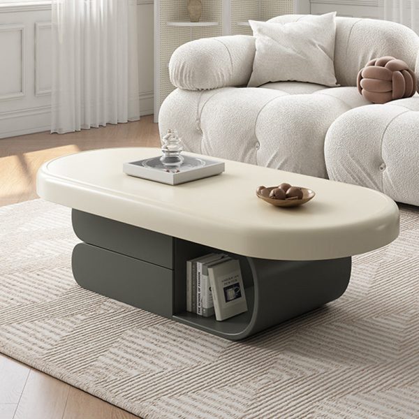 Contemporary Scandinavian Oval Wood Rock Slab Coffee Table 2-Drawer For Living Room
