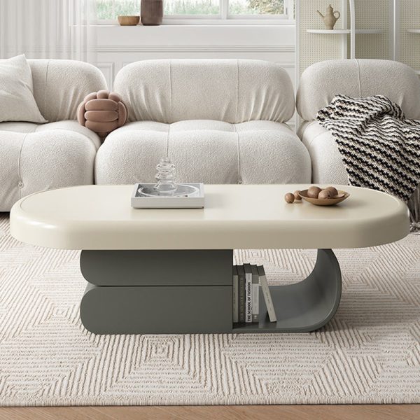 Contemporary Scandinavian Oval Wood Rock Slab Coffee Table 2-Drawer For Living Room - Image 15