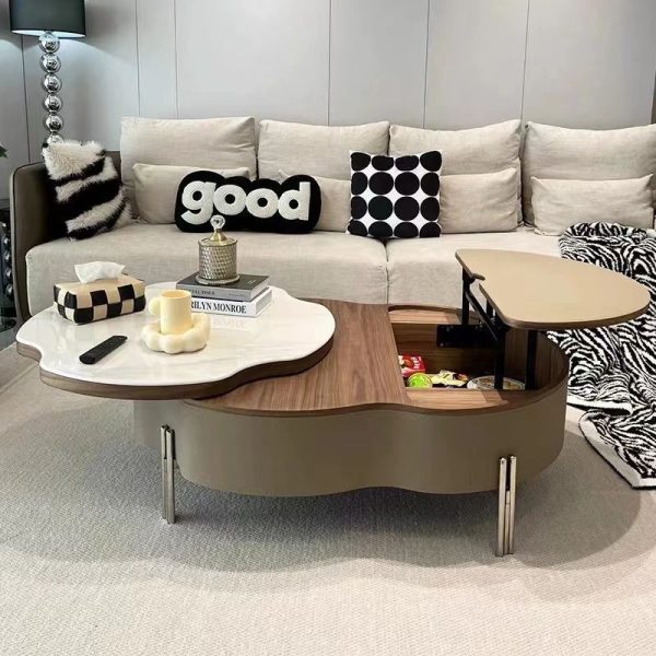 Traditional French Expandable Liftable Oval Microcrystalline Stone Stainless Steel Leather Coffee Table For Living Room - Image 2
