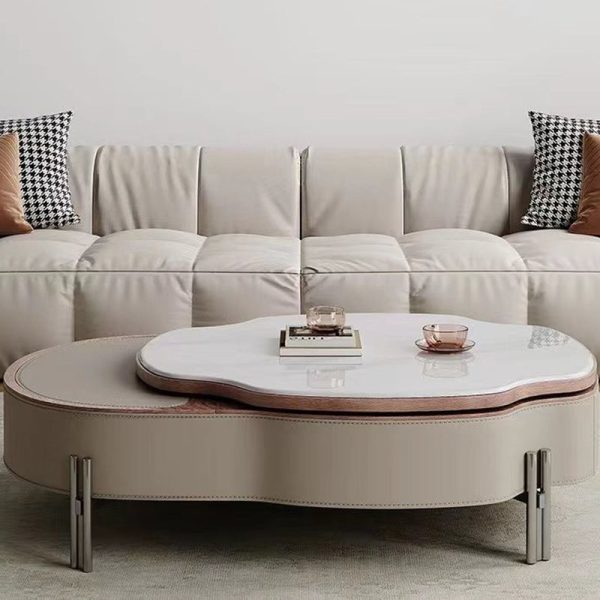 Traditional French Expandable Liftable Oval Microcrystalline Stone Stainless Steel Leather Coffee Table For Living Room - Image 13