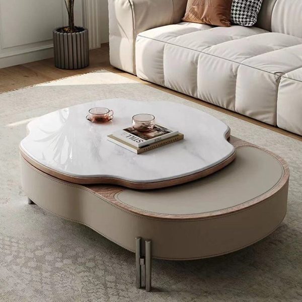Traditional French Expandable Liftable Oval Microcrystalline Stone Stainless Steel Leather Coffee Table For Living Room - Image 14