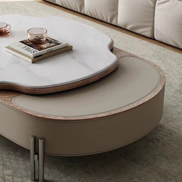 Traditional French Expandable Liftable Oval Microcrystalline Stone Stainless Steel Leather Coffee Table For Living Room - Image 8