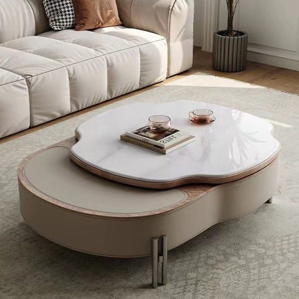 Traditional French Expandable Liftable Oval Microcrystalline Stone Stainless Steel Leather Coffee Table For Living Room - Image 3