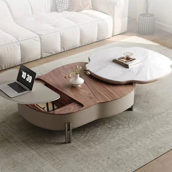 Traditional French Expandable Liftable Oval Microcrystalline Stone Stainless Steel Leather Coffee Table For Living Room - Image 11