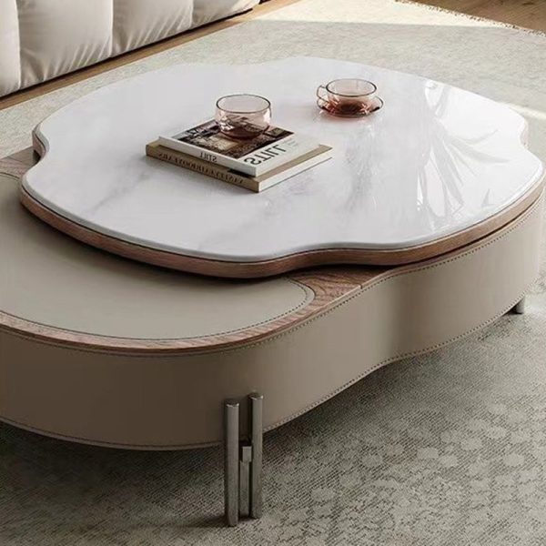 Traditional French Expandable Liftable Oval Microcrystalline Stone Stainless Steel Leather Coffee Table For Living Room - Image 7