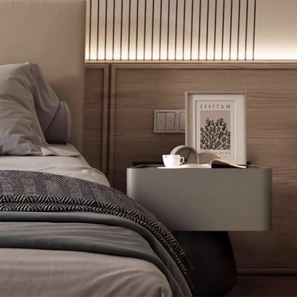 Modern Minimalist Rectangular Cone Wood Microfiber Leather Nightstand 1-Drawer For Bedroom - Image 2