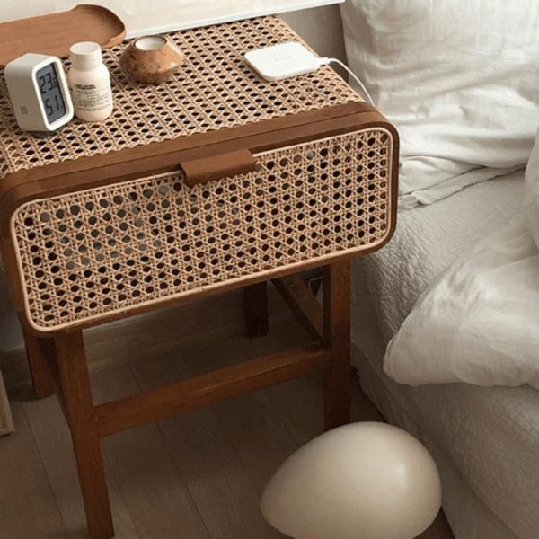 Traditional Vintage Rectangular Ash Wood Rattan Nightstand 1-Drawer For Bedroom - Image 5