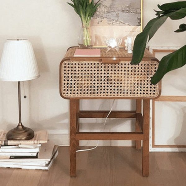 Traditional Vintage Rectangular Ash Wood Rattan Nightstand 1-Drawer For Bedroom - Image 2