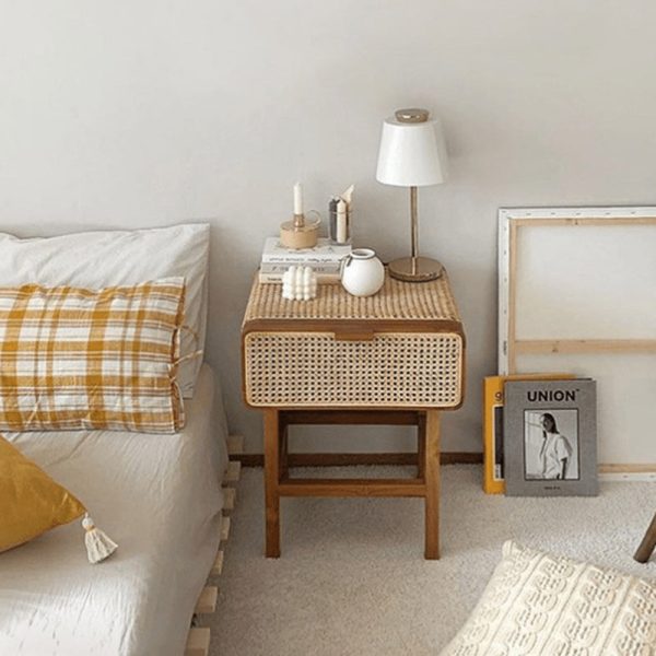 Traditional Vintage Rectangular Ash Wood Rattan Nightstand 1-Drawer For Bedroom - Image 3