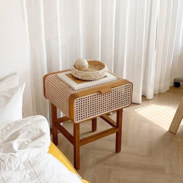 Traditional Vintage Rectangular Ash Wood Rattan Nightstand 1-Drawer For Bedroom - Image 6