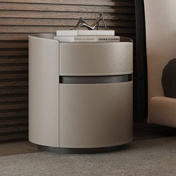 Modern Minimalist Round Cylinder Wood Saddle Leather Nightstand 2-Drawer For Bedroom - Image 10