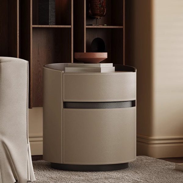 Modern Minimalist Round Cylinder Wood Saddle Leather Nightstand 2-Drawer For Bedroom - Image 3