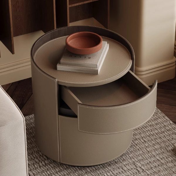 Modern Minimalist Round Cylinder Wood Saddle Leather Nightstand 2-Drawer For Bedroom - Image 9